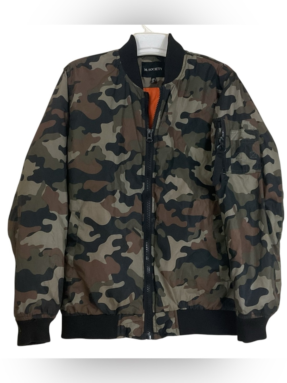 M. Society Men’s Camo Bomber Windbreaker Jacket Size M Orange Lining Full Zip